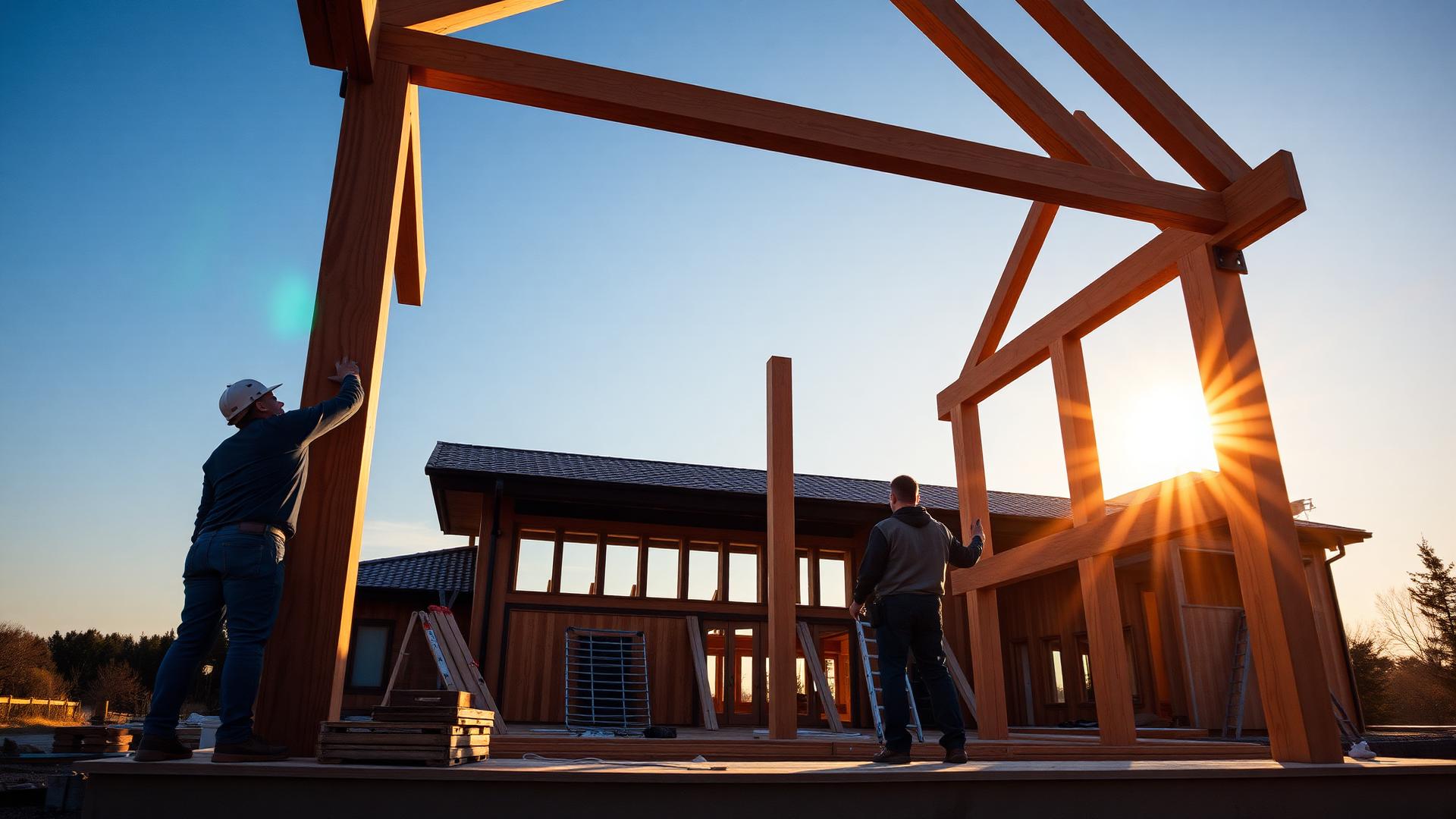 Master carpenters installing a heavy timber frame at sunset